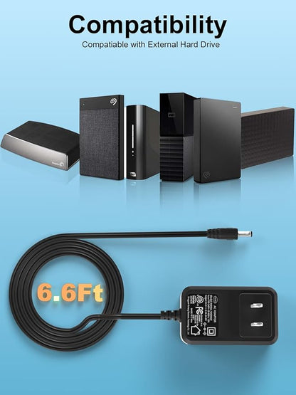 12V AC Power Cord Compatible with WD Western Digital My Book Essential External Hard Drive HDD 2TB 4TB 1TB 3TB WD My Cloud, Seagate Hard Drive,Seagate Freeagent Goflex Power Supply