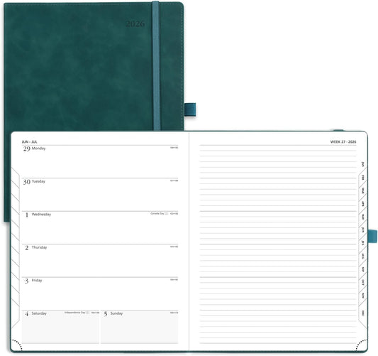 POPRUN Weekly Planner 2026 (Large 8.5" x 10.5") Calendar 12 Months Notebook with Horizontal Layout, Leather Soft Cover, Monthly Tabs, Inner Pocket, 100GSM Thick Paper, Pen Holder - Petrol Green