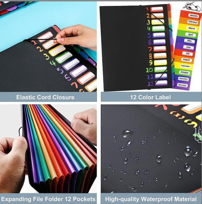 24 Clear Pocket Expanding File Folder with 12 Colored Tabs,Durable A4 Letter Size Organizer,Holds 300 Sheets, Project File Organizer, Numbered Index on Cover,Water-Resistant (Black)