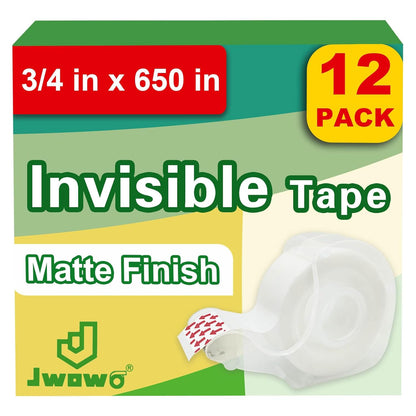 12 Invisible Tape with 12 Refillable Tape Dispenser, Home Office Supplies and Back to School Supplies for College and Classrooms, Matte Finish, 3/4 in x 650 in