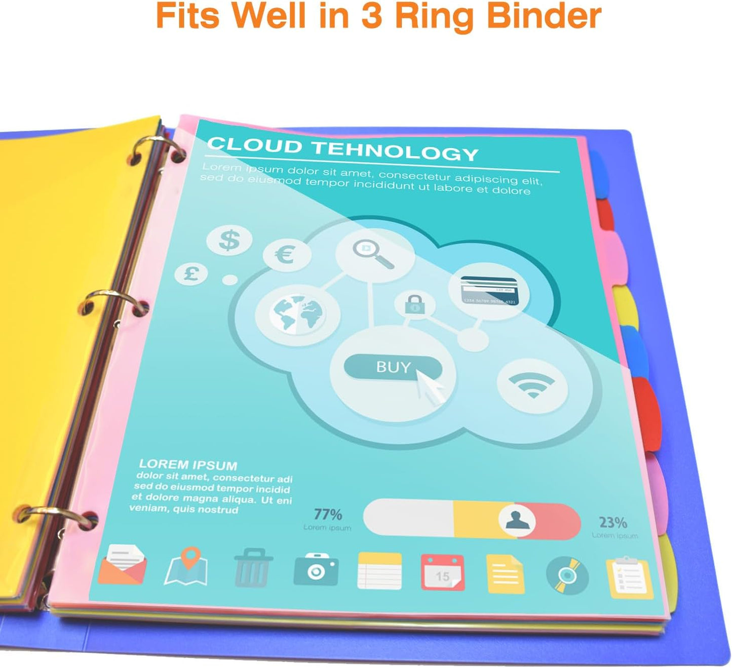 WOT I Durable 8-Tab Binder Dividers with Clear Pocket - 1 Set, Reusable Plastic Dividers for 3 Ring Binder, 4 Vibrant Colors
