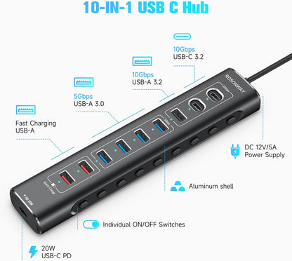 Rosonway 10-Port Powered USB 3.2/USB C Hub 60W with 3x10Gbps USB-3.2 Ports (2C + 1A), 4 USB 3.0 Data Ports, 1 USB-C PD and 2 USB-A Fast Charging Ports, Aluminum USB Splitter for Laptop/PC, RSH-A10QPD