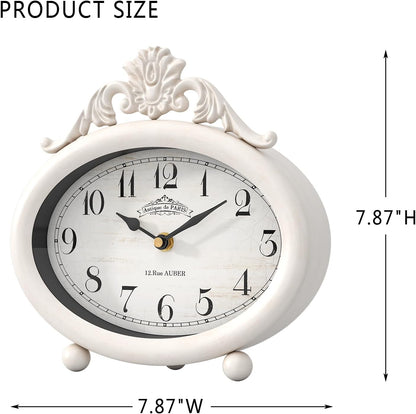 Vintage Table Clock, Desk and Shelf Decor Clock, French Rustic Antique Style White Mantel Clocks, for Farmhouse, Living Room, Bedroom, Bedside, Gift (7.87" H x 7.87" W)