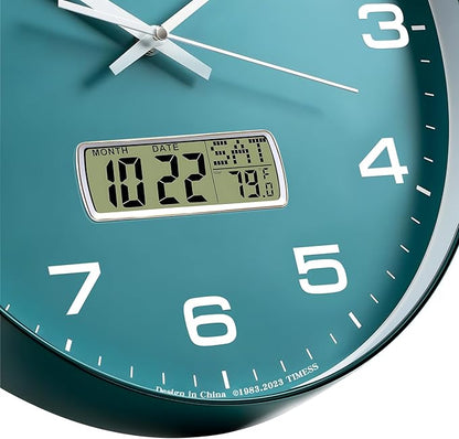 Wall Clock, 13" Dial Non-Ticking Silent Battery Operated Analog with LCD Display for Perpetual Calendar and F° Temperature, Ideal Modern Home, Office Decor (Green)