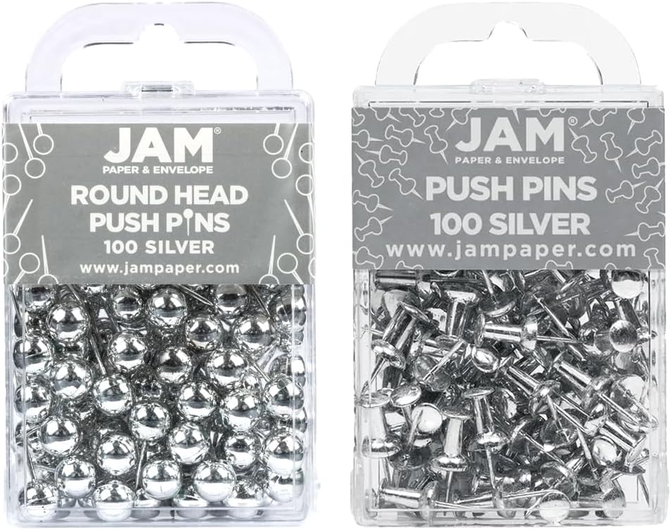 JAM PAPER Colorful Push Pins - Flat & Round Head Thumb Tack Combo Set - Silver Pushpins - 200/Pack