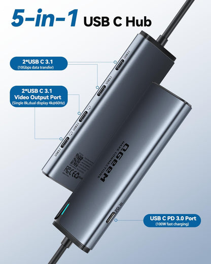 QGeeM USB C Hub,Multiple Converter Adapter 5 in 1,Type C Splitter Extender with Single 8K,Dual 4K/60Hz,10Gbps Data Transfer,PD 100W,for MacBook Pro,iMac,HP（M1/M2 only 1 Display