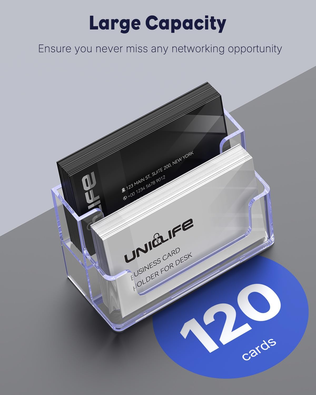 Uniclife 2 Pack Acrylic Business Card Holder for Desk 2 Slots Clear Business Card Display Stand for Men & Women Desktop Business Card Organizer Card Stand for Office Home Exhibition, 120 Card Capacity