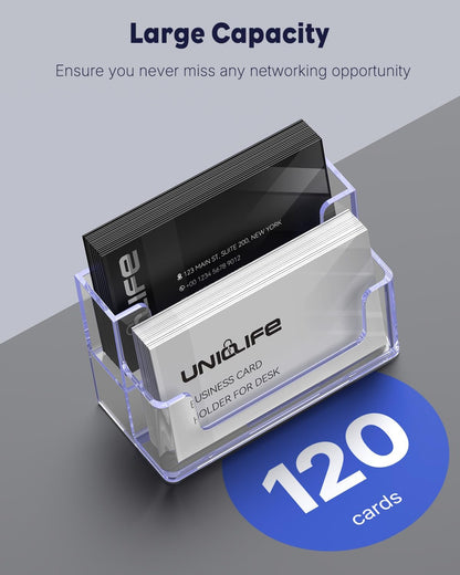 Uniclife 2 Pack Acrylic Business Card Holder for Desk 2 Slots Clear Business Card Display Stand for Men & Women Desktop Business Card Organizer Card Stand for Office Home Exhibition, 120 Card Capacity