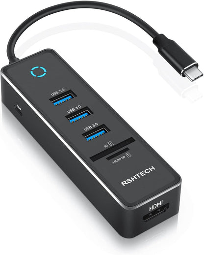 RSHTECH USB C Hub Dongle Adapter with 4K HDMI, 3 USB 3.0 Data Port, 100W Power Delivery, SD/TF Card Reader, Aluminum USB-C/Thunderbolt 3 Hub Dock for PC and Laptop, RSH-T16