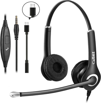 Callez Computer Headset, 3.5mm Cell Phone Headset with Mic Noise Cancelling, USB-C Wired Headphone for PC Laptop Mac iPhone Samsung Zoom Teams Call Center Home Office Work, in-line Controls