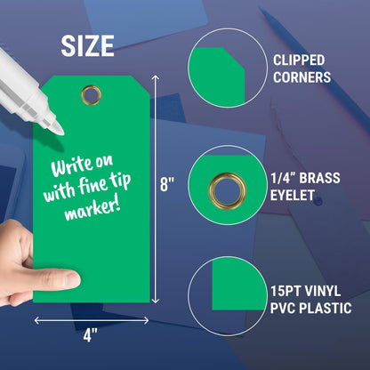 Tags 4 Less 15 Mil Waterproof Plastic Tags, Pack of 100 – 4” x 8” Heavy Duty Plastic Tags for Labeling, Outdoor Tagging, Equipment Labeling, Luggage, Valves & More (Dark Green)