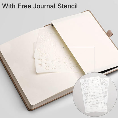 EMSHOI Dotted Notebook - 256 Pages A5 Dot Grid Journal Bullet Notebook with 120gsm Thick Dotted Paper,16 Perforated Pages, Hardcover Leather, Pen Holder, Inner Pocket, 5.75'' × 8.38''-Khaki