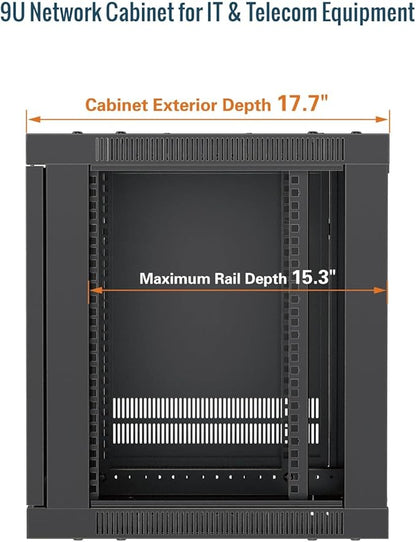 Tecmojo 9U Wall Mount Rack Cabinet, Heavy-Duty 176 Lbs High Load Capacity, 19” Enclosed Server Network Rack with Glass Door, 17.7” Deep – Elite Collection