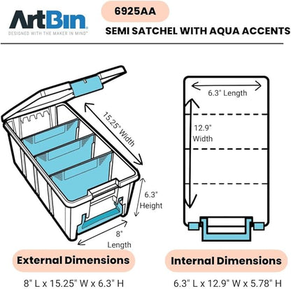 ArtBin 6925AA Semi Satchel with Removable Dividers, Portable Art & Craft Organizer with Handle, [1] Plastic Storage Case, Clear with Aqua Accents
