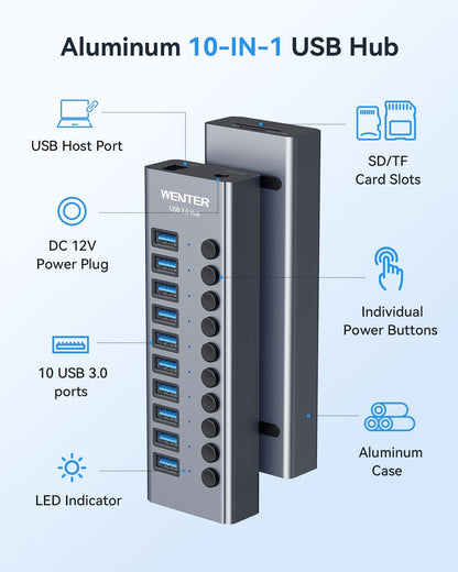 Powered USB 3.0 Hub, Wenter 10 Ports 36W Powered USB Hub, Aluminum USB Splitter with Individual On/Off Switches, SD/TF Card Readers and 12V/3A Power Adapter for PC/Laptops/MacBook Pro/Air/iMac/iPad