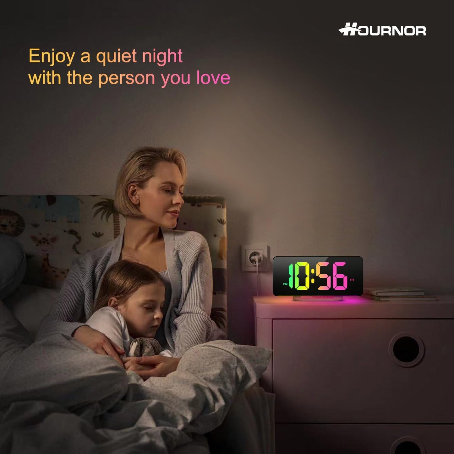 Digital Alarm Clock, Large LED Digital Clock for Bedrooms with 10 Color Changing Night Light, Adjustable Brightness, USB Charging Port, Bedside and Desk Clock for Living Room Office Decor (Black)