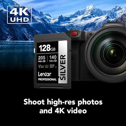 Lexar 128GB Professional Silver SD Card, UHS-I, C10, U3, V30, 4K, Up to 205/140 MB/s SDXC Memory Card, for Professional Photographer, Videographer, Enthusiast (LSDSILV128G-BNNNU)