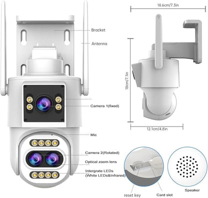 JOOAN Outdoor Security Camera 2Kx3 3Lens 2 Screen【10X Optical Zoom & Auto Tracking】 Home Surveillance IP Cam 360°PTZ 2.4G WiFi Wired IP66 Waterproof Motion Alert,8-256G Card/Cloud Storage,Siren Alarm