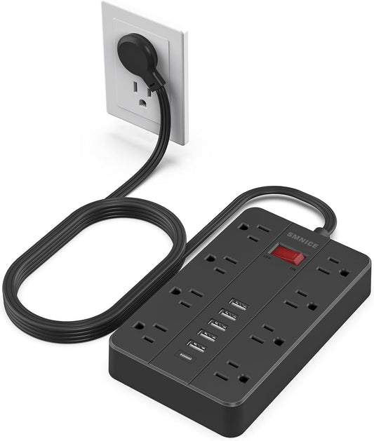 Power Strip with USB,SMNICE Surge Protector Flat Plug with 8 Widely-Spaced Outlets & 6 USB(1USB C) Ports, Wall Mountable 5ft Extension Cord for Smartphone Tablet Laptop Computer Multiple Devices