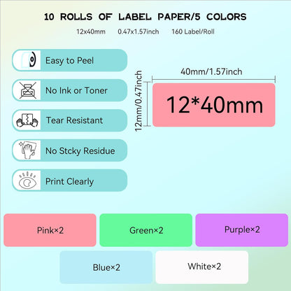 D30 P21 Label Maker Tape Refill 12mm×40mm(0.47"x1.57") Sticker, Laminated Thermal Label Tape Replacement, 1650 Labels/10Rolls, High Definition Labeling Tape for Home Office School Hotel