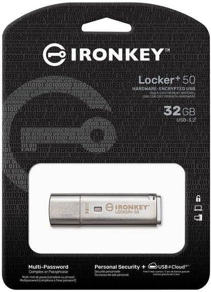 Kingston Ironkey Locker+ 50 32GB Encrypted USB Flash Drive | USB 3.2 Gen 1 | XTS-AES Protection | Multi-Password Security Options | Automatic Cloud Backup | Metal Casing | IKLP50/32GB,Silver