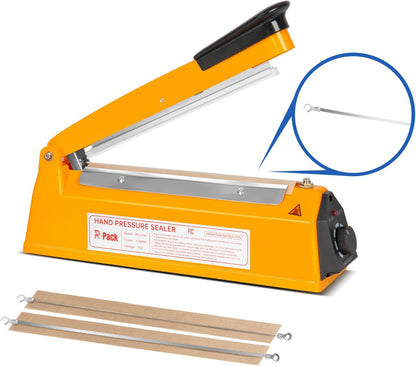 Impulse Heat Sealer with Cutter, Heavy-Duty Bag Sealing & Cutting Machine, 2 Extra Replacements（Orange, 8inch）