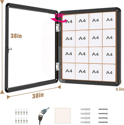 38"x38" Enclosed Bulletin Board, Lockable Weather-Resistant Aluminum Cork Noticeboard for School & Office Hospital, Black Frame w/Cork