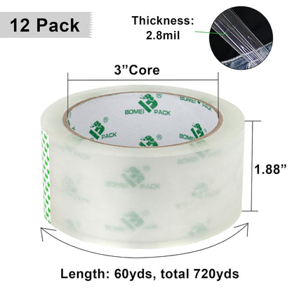 BOMEI PACK Clear Packing Tape, 2.8Mil Thick Heavy Duty Packaging Tape 12Rolls Refills with 1 Dispenser for Box Sealing, Moving and Shipping, 1.88 Inch x 60 Yard, Total 720yds