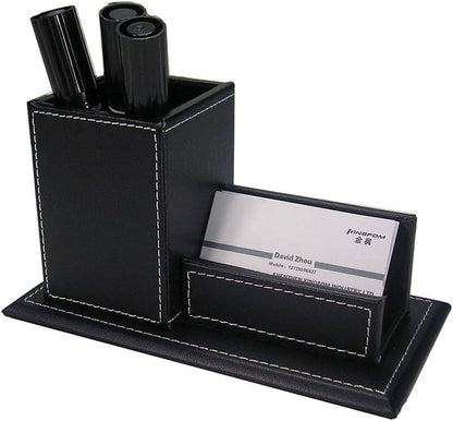 KINGFOM Desk Organizer Set 5PCS Office Supplies Synthetic Leather Files Holder Cabinet Desk Organizer Drawer, Multifunction Organizer Box, Tissue Box Holder and Sticky Notes Dispenser Case (T08-Black)