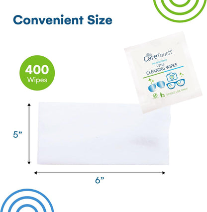 Care Touch Lens Wipes for Eyeglasses- 400 Count Individually Wrapped Pre- Moistened Wipes, 5 x 6 Inch- Camera Lens, Sunglasses and Glasses Cleaner,- Gentle and Portable for Cleaning of Optical Devices