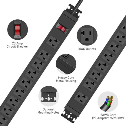 JUNNUJ Multi Angle Mount 10 Outlet 20 Amp Power Strip Heavy Duty, 2700J Surge Protector Under Desk with Switch 20A, Garage Workbench Gaming Outlet Table Wall Mountable, 6FT 12AWG Extension Cord