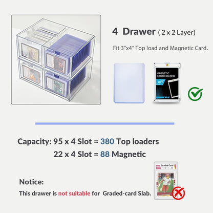 4 Drawer Trading Card Storage Box for Toploader & Magnetics, Clear Card Organizer with Divider for TCG, MTG, Sports Cards, Holds 380+ Top Loaders