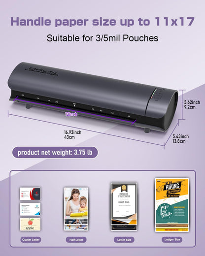 Office Presentation Laminator Machine 11x17 with Laminating Sheet A3/A4/A5, 3/5 Mil Thermal Cold Laminating Machine 13 inch Wide, 60s Warm-Up Office Presentation Laminator Machine (Gray)