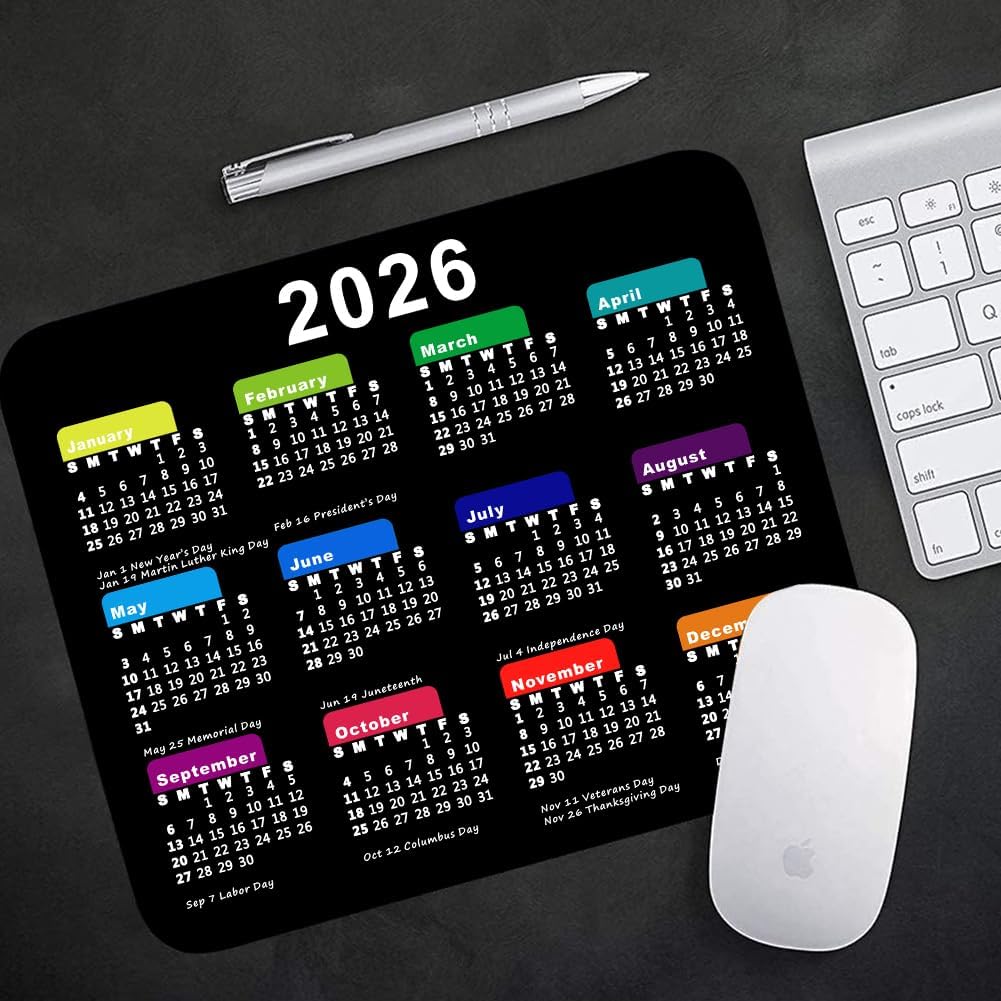 2026 Calendar Mouse Pad with Holidays, Computer Mousepad with Non-Slip Rubber Base, Mouse Pads for Computers Laptop Mouse 9.6 x 7.9 inch(Black)