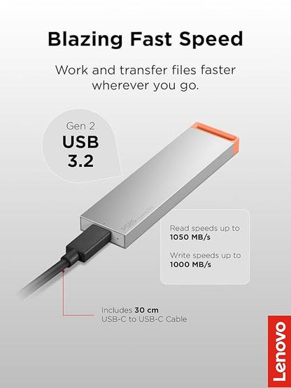 Lenovo PS8S 1TB Portable SSD, Up to 1050MB/s Read, 1000MB/s Write, USB 3.2 USB-C, Slim Lightweight (40g) Aluminum Body, Reliable Storage for PC/Mac & Android