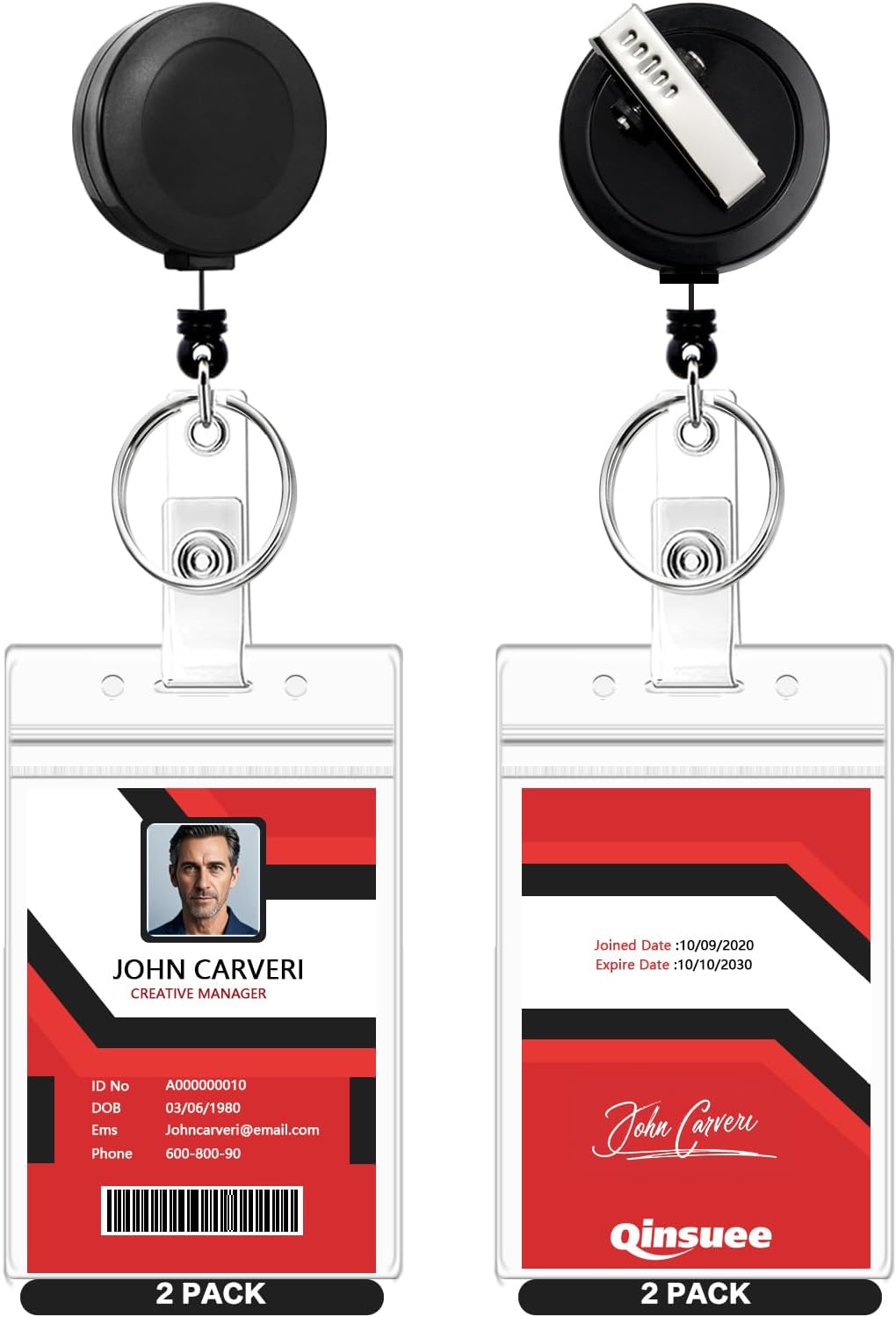 2 Pack Badge Reels Retractable with Key Rings, ID Badge Holder with 2 pcs Waterproof Extra Thick ID Card Holders, Alligator Clip (Black)