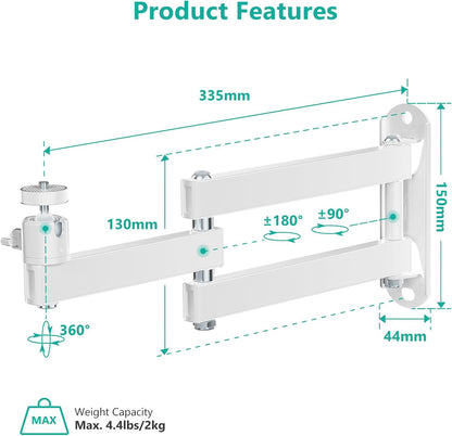 WALI Foldable Projector Wall Mount Universal Adjustable Wall Projector Mount Aluminum Alloy Projectors Stand,1/4" M4 M6 Screw Size,(1330LM-PMW), White