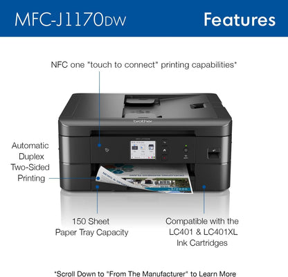 Brother MFC-J1170DW Wireless Color Inkjet All-in-One Printer, NFC One-Touch Print, Duplex, Cloud Print & Scan, Mobile App Control, 2.7" Touchscreen, Works with Alexa