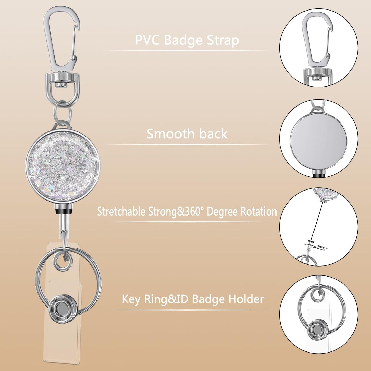 bolimoss Retractable Keychain for Badge Holder Metal Badge Reel with Carabiner Clip Key Ring, Glittery Retractable Badge Holders for Nurse,Volunteer,Teacher,Student (3 Pack Bling Pink, Silver, Green)