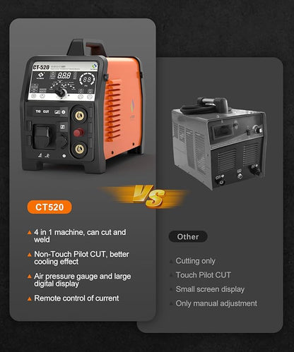 HITBOX Plasma Cutter Welder Combo, 4 IN 1 [Air Sensor Technology] 50Amp HF Non-Touch Pilot Arc TIG Welding with Foot Pedal, 110V/220V 2T/4T Stick/MMA/Pulse TIG, Whole LED Display Screen (CT-520)