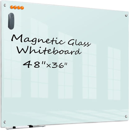 KIZZBY Glass Dry Erase White Board - Magnetic Boards for Wall, 48"x36" Large Frameless Whiteboard for Office, Home & School