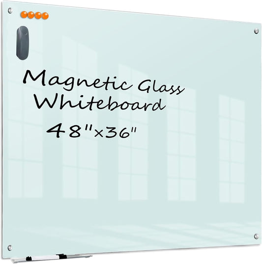 KIZZBY Glass Dry Erase White Board - Magnetic Boards for Wall, 48"x36" Large Frameless Whiteboard for Office, Home & School