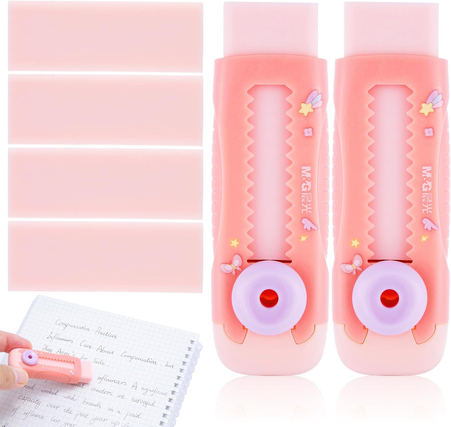 M&G 2+4 Pack Rubber Erasers Sliding Retractable Eraser, 2 Pack Cute Erasers Push Pull Large Pencil Eraser with Plastic Sleeve and 4 Refill Erasers for Students, School Office Supplies (Pink Unicorn)