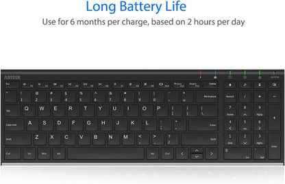Arteck USB Wireless Keyboard Stainless Steel Ultra Slim Keyboard with Numeric Keypad for Computer/PC/Laptop and Windows 11/10/8 Rechargeable Battery