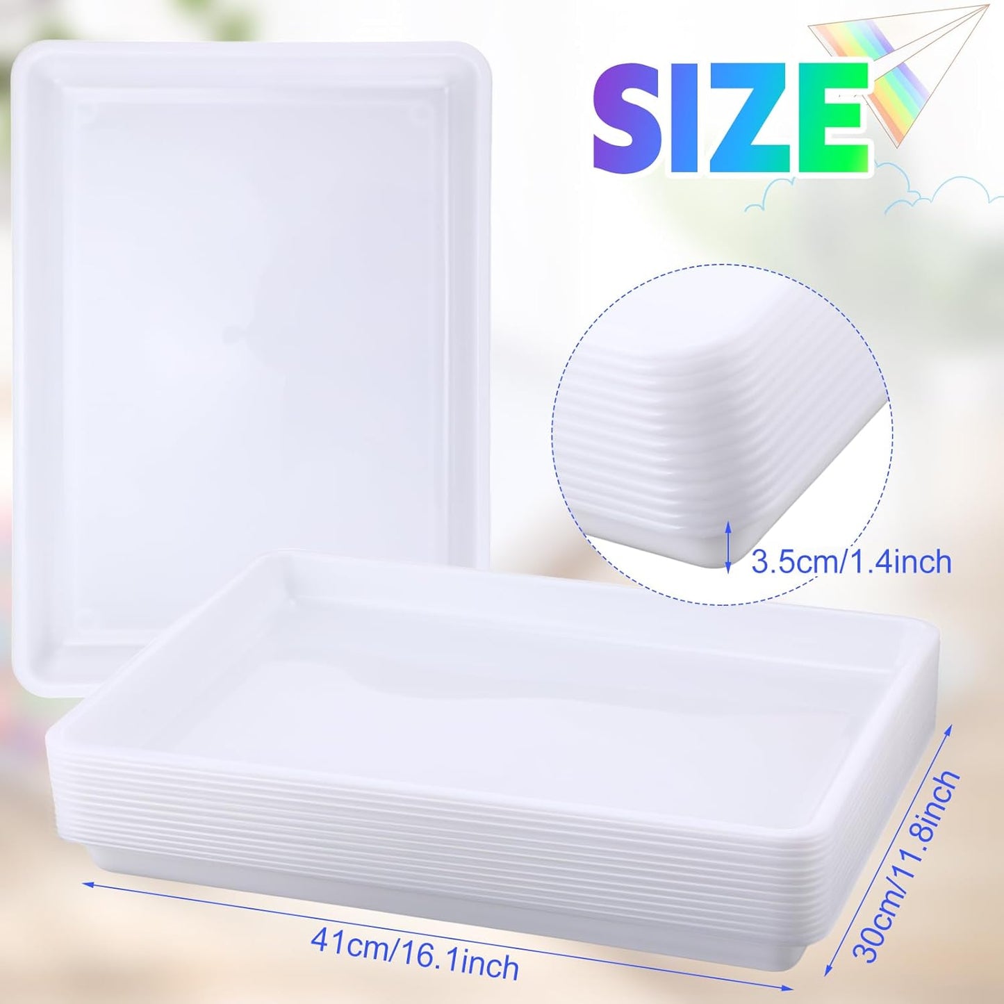 Maitys 15 Pcs Flat Plastic Trays 16.1 x 11.8'' Sensory Storage Tray Paper Stackable Classroom Bins for Office Home Organizer Arts and Crafts Supplies(White)