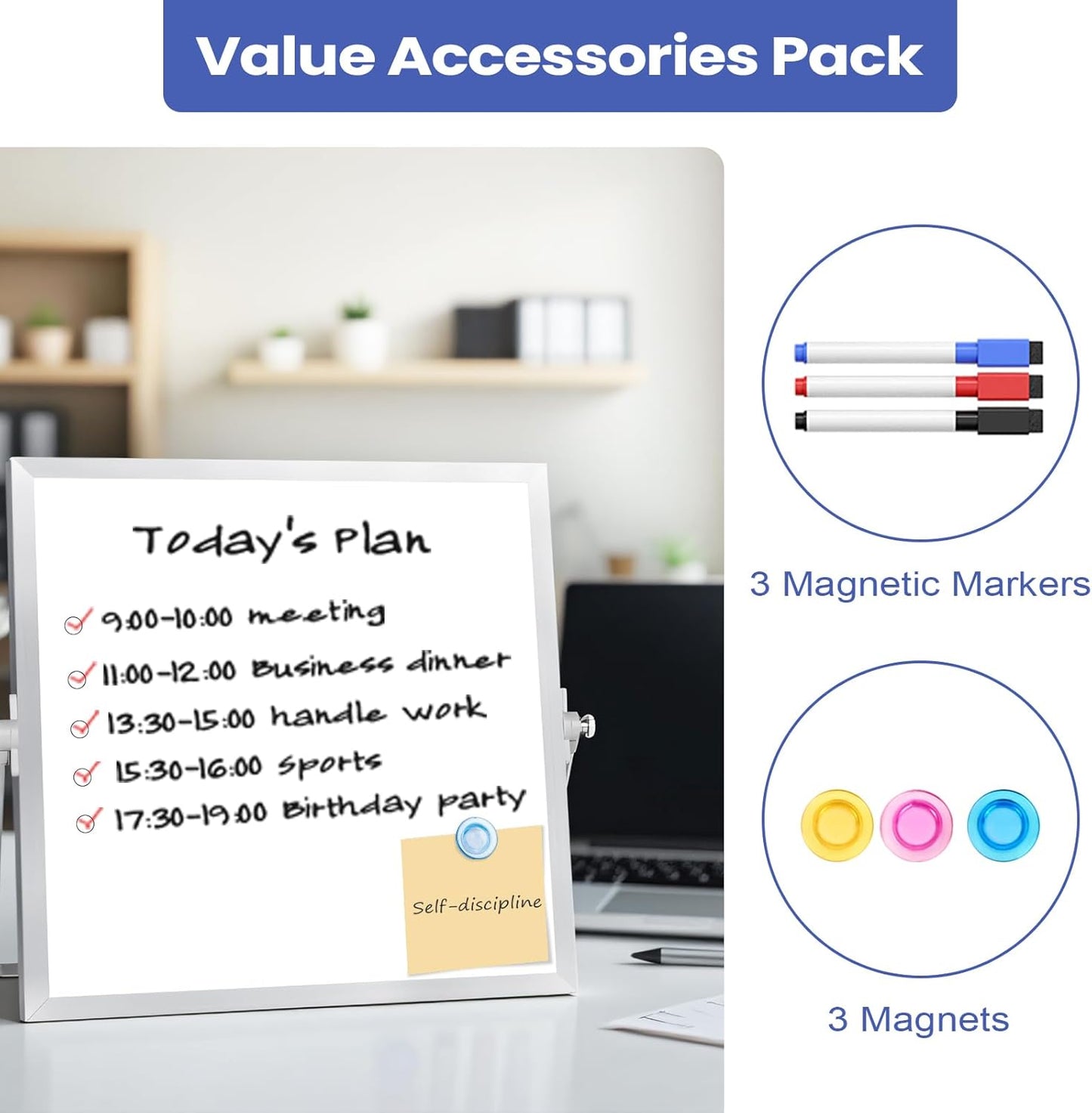 Small Desktop White Board with Stand, 10" x 10" Double-Sided Silver Aluminium Frame Whiteboard for Kids, Mini Dry Erase Board for Home, Office, School