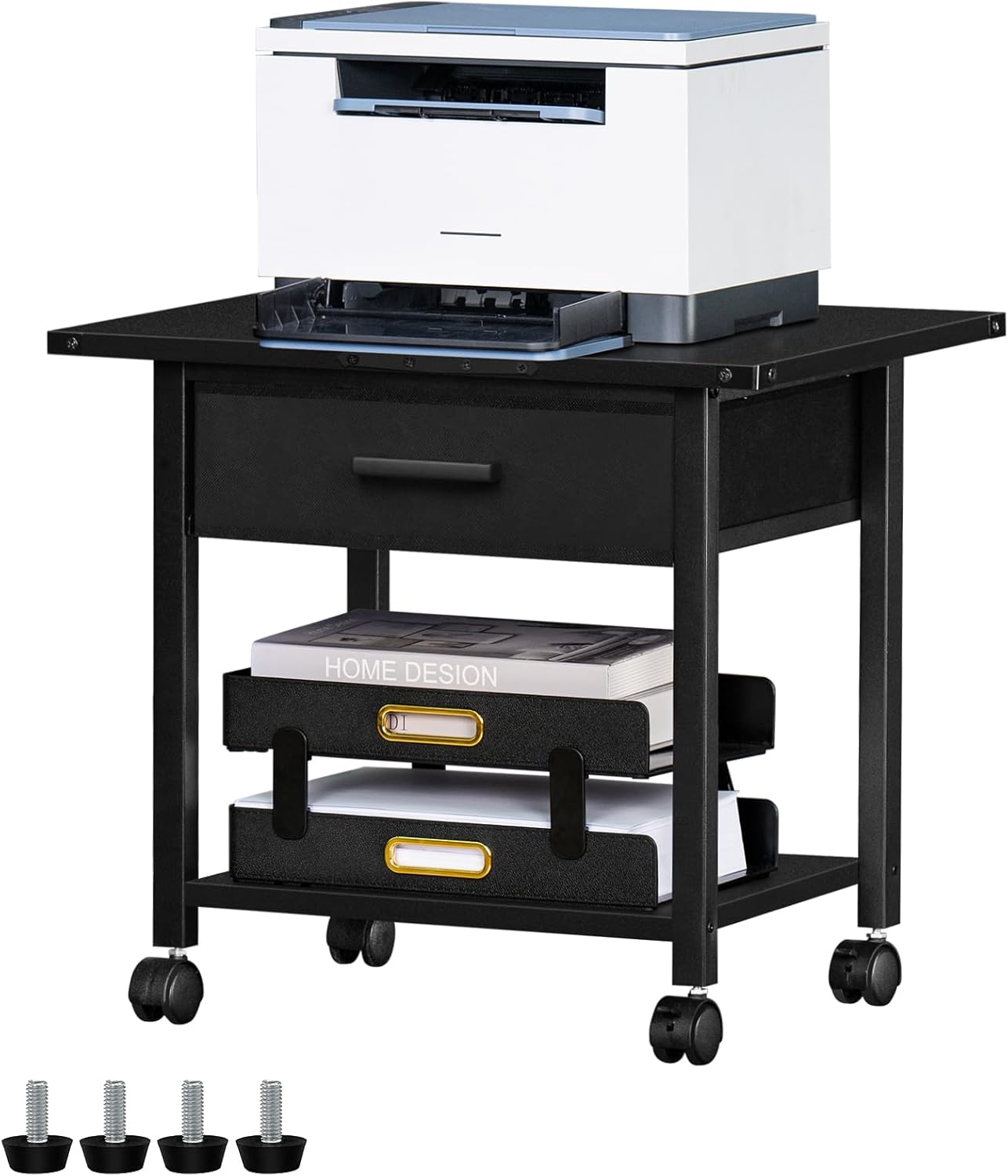 Lerliuo Under Desk Rolling Printer Stand with Drawer, 2-Tier Industrial Mobile Printer Table Desk with Storage Shelf and Steel Frame, Printer Cart Holder with Lockable Wheels for Home, Office (Black)