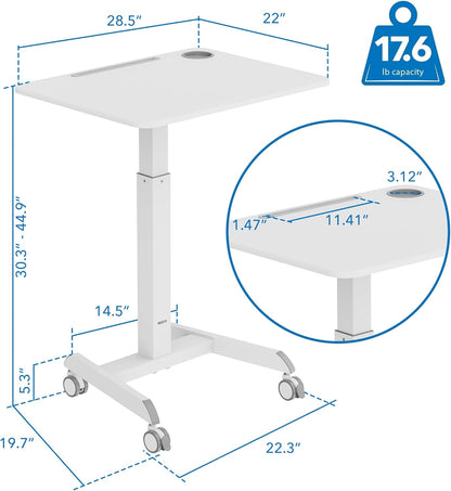 Mount-It! Laptop Cart Rolling Desk Adjustable Height with 28.5" x 22" Tabletop, Ergonomic Sit-Stand Workstation on Wheels Portable for Home Office, Dorm, Classroom, White