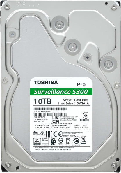 Toshiba S300 PRO 10TB Surveillance 3.5” Internal Hard Drive – CMR SATA 6 Gb/s 7200 RPM 512MB Cache - HDWTA1AUZSVAR