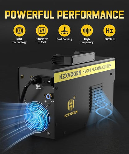 H HZXVOGEN Plasma Cutter, 50A Portable Plasma Cutter with Post Flow, 110/220V Dual Voltage Digital Display DC IGBT Inverter HF Air Plasma Cutting Machine, 1/3 inch Clean Cut for Beginners DIY(HVC50)
